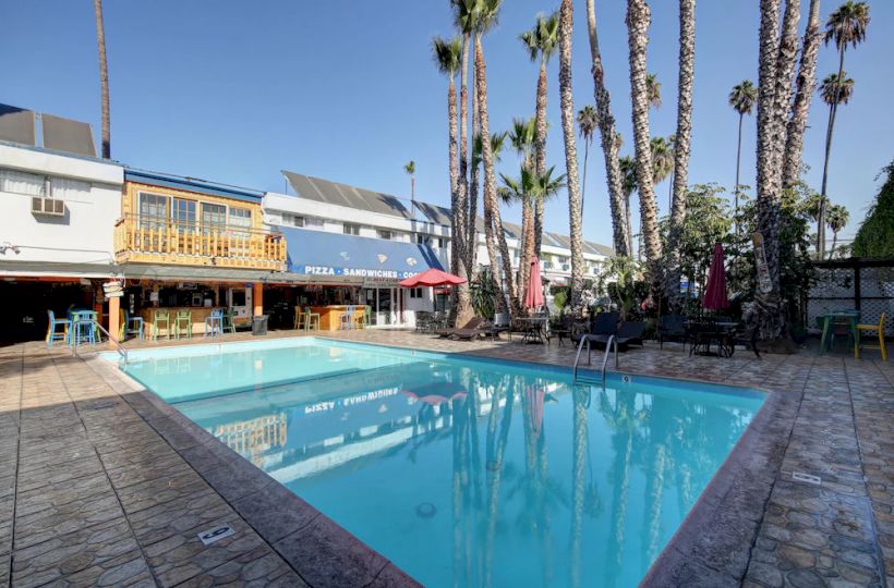 The image shows an outdoor swimming pool surrounded by palm trees and a building with a 