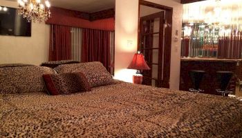 A bedroom with leopard print bedding, a chandelier, and a door leading to a room with a bar area and stools.